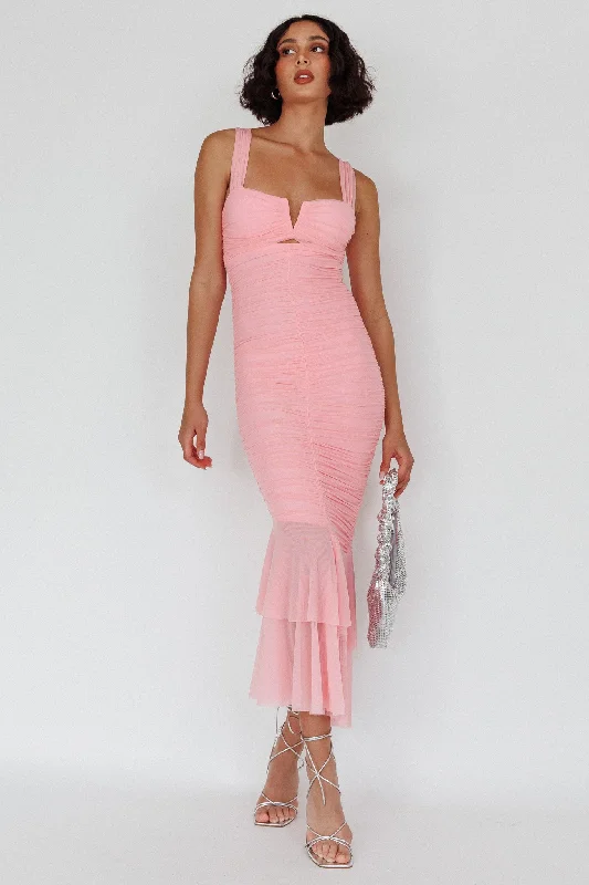 Nadia Ruched Fishtail Maxi Dress Blush