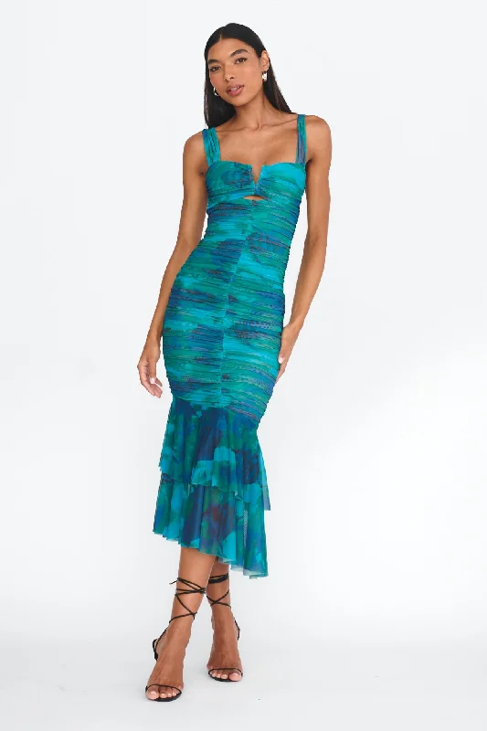 Nadia Ruched Fishtail Midi Dress Abstract Green