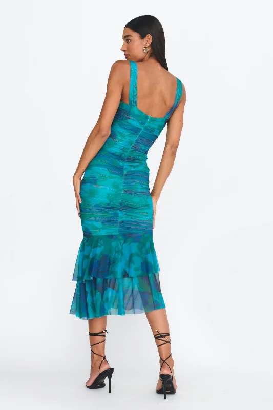 Nadia Ruched Fishtail Midi Dress Abstract Green