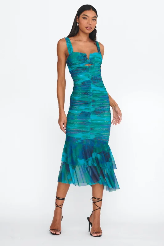 Nadia Ruched Fishtail Midi Dress Abstract Green