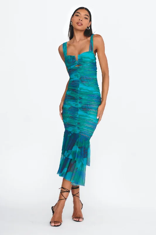 Nadia Ruched Fishtail Midi Dress Abstract Green