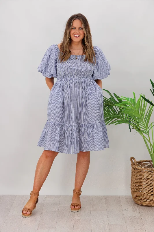 Natural Bay Layla Puff Sleeve Frill Dress Blue