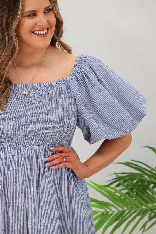 Natural Bay Layla Puff Sleeve Frill Dress Blue