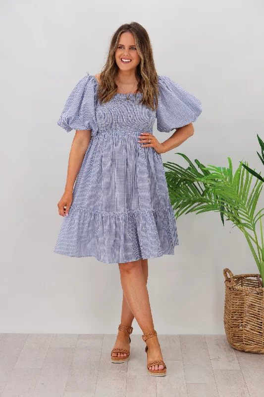 Natural Bay Layla Puff Sleeve Frill Dress Blue