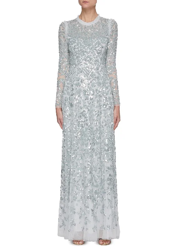 Silvery Blue Amaryllis Long Sleeves Embellished Gown (UK 8)