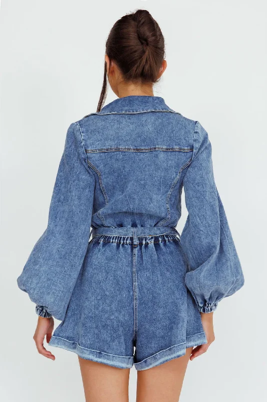 New Day Long Sleeve Button-Up Romper Denim