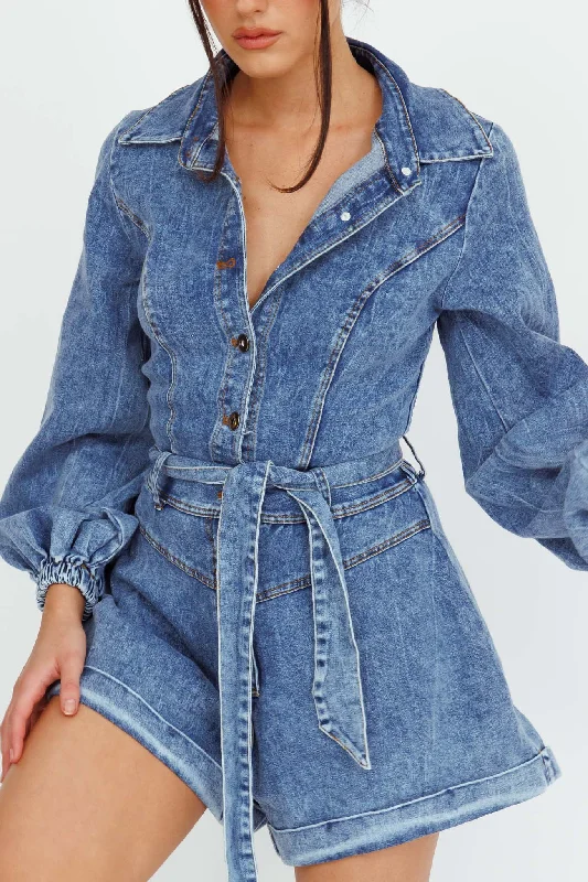 New Day Long Sleeve Button-Up Romper Denim