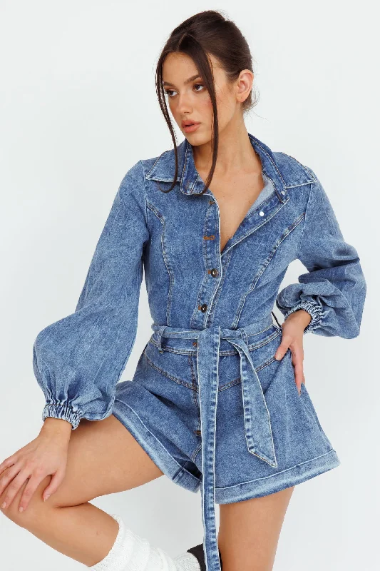 New Day Long Sleeve Button-Up Romper Denim