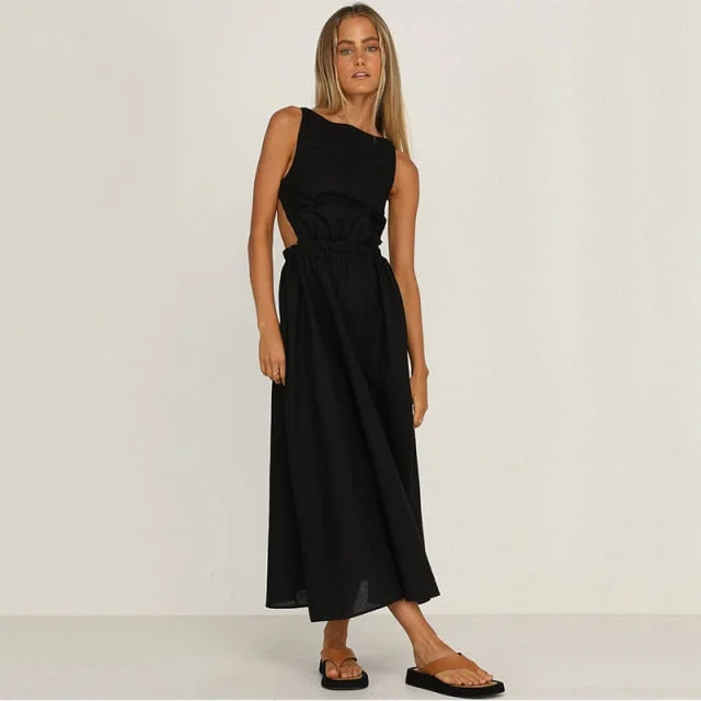 Amy Fashion - Slip Black Backless Vintage Elegant Party Maxi Dress