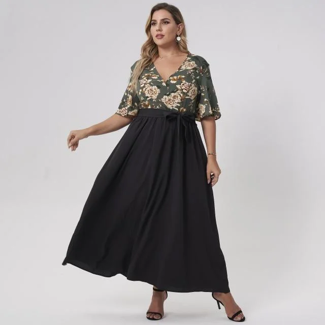 FashionSierra - Summer Maxi Dress Women Plus Size Green And Black Loose Floral Print Belt Half Sleeve V-neck Holiday Casual Large Robes