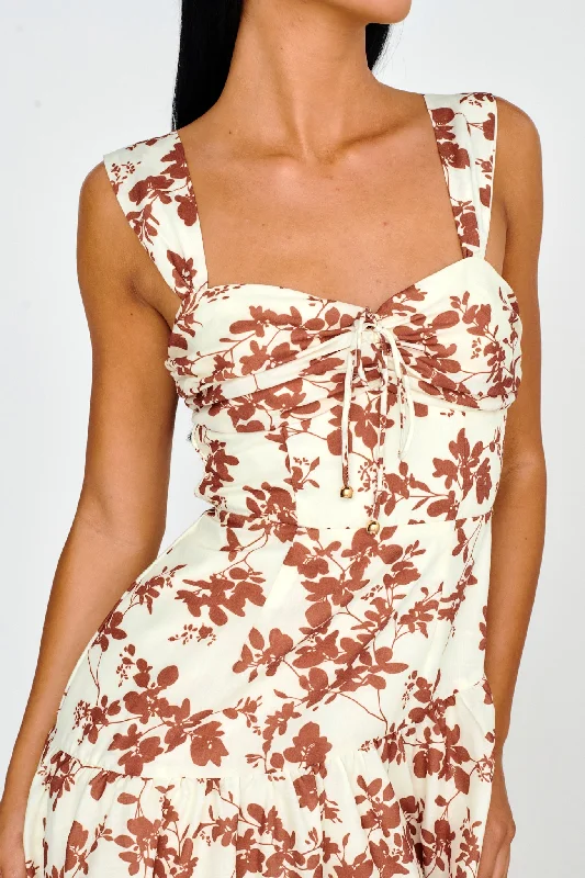 Nichola Ruched Bust Midi Dress Floral Brown