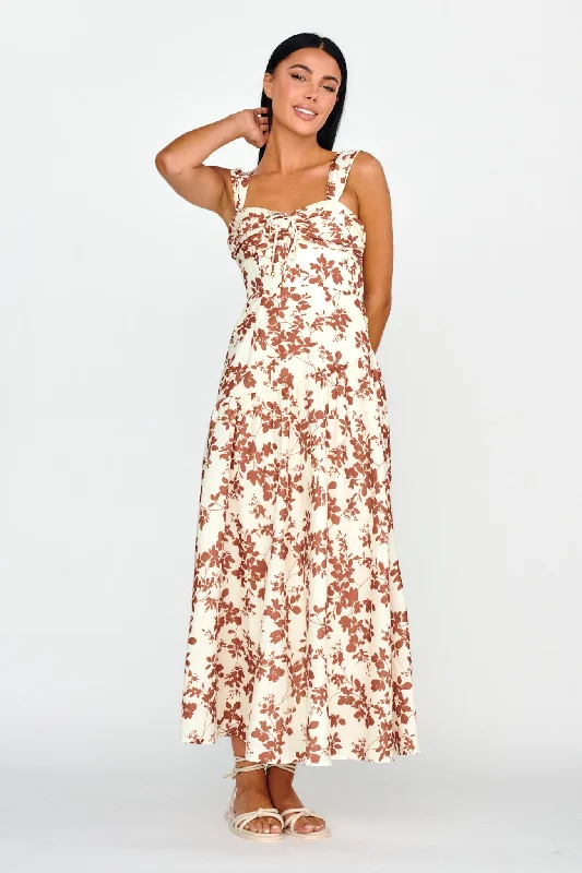 Nichola Ruched Bust Midi Dress Floral Brown