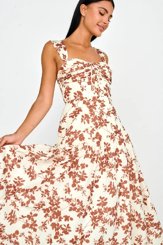 Nichola Ruched Bust Midi Dress Floral Brown