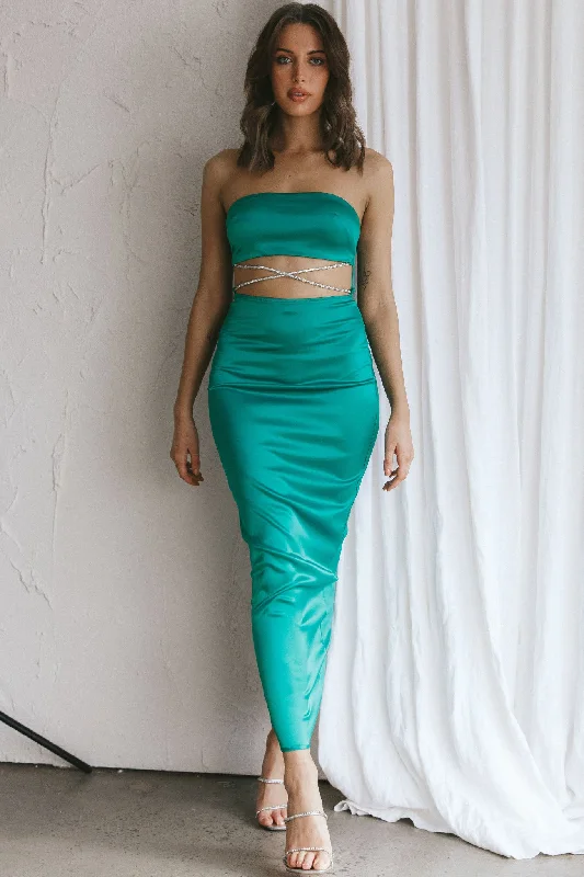 Nohemi Strapless Diamante Maxi Dress Green