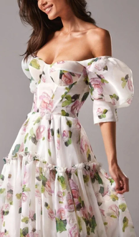 OFF-THE-SHOULDER FLORAL MAXI DRESS IN WHITE