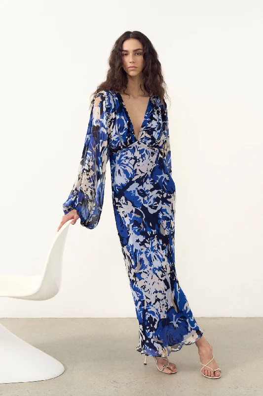 OLEA PLUNGE BALLOON SLEEVE MAXI DRESS