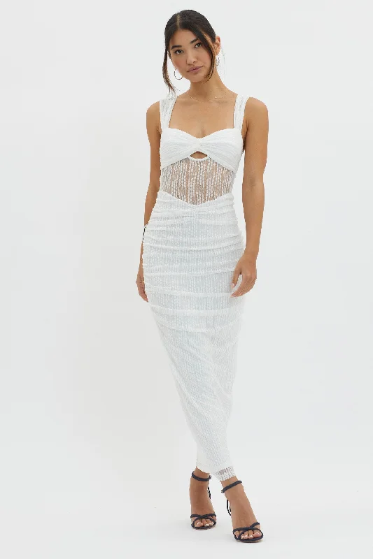 Oliana Embroidered Mesh Midi Dress White