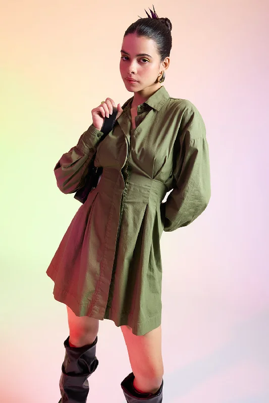 Olive Green Cotton Shirt Dress