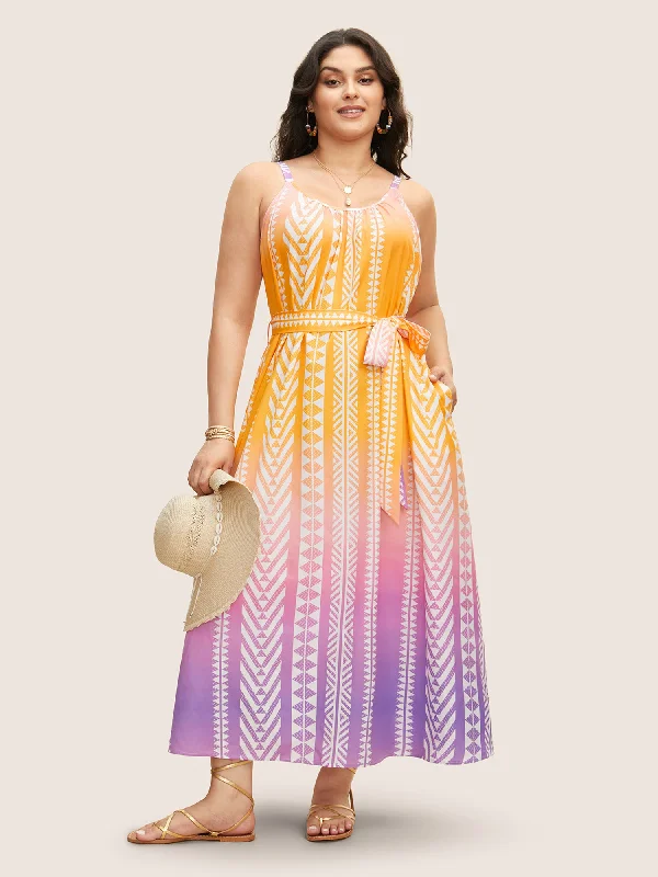 Ombre Contrast Geometric Belted Maxi Dress