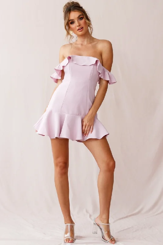 Ondine Bardot Neckline Fluted Hem Dress Mauve