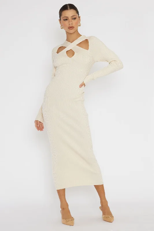 One Mind Cut-Out Neckline Knit Midi Dress Cream