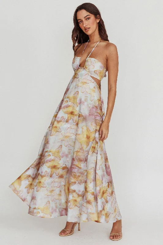 Onika Cut-Out Tied Back Floral Maxi Dress Yellow