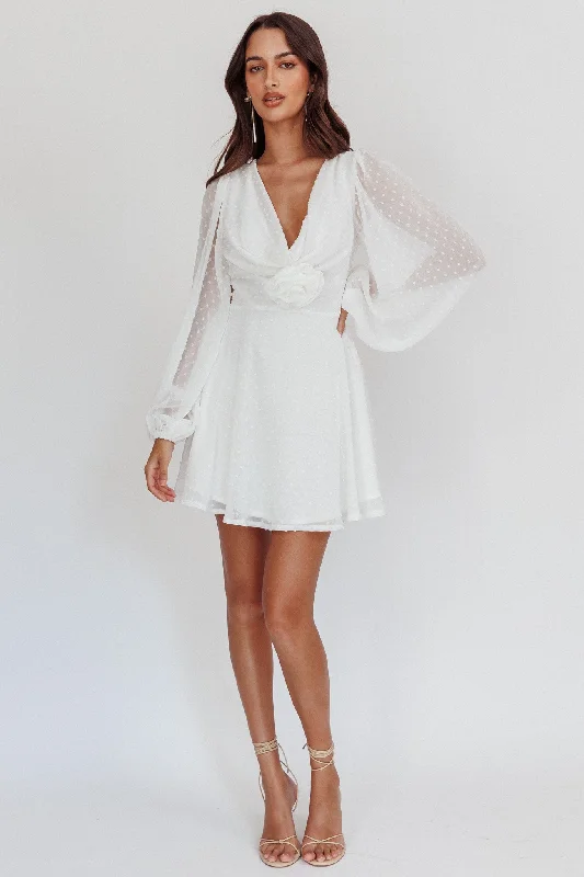 Open Heart Long Sleeve Rosette Mini Dress White