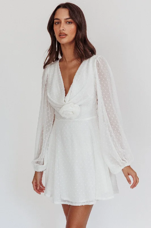 Open Heart Long Sleeve Rosette Mini Dress White