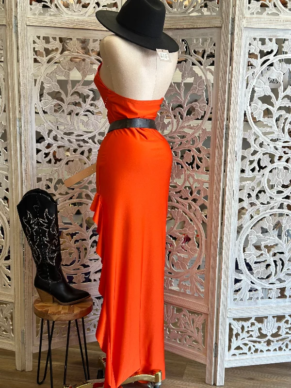 Orange High Slit Ruffle Maxi Dress- Stretchy, Estira