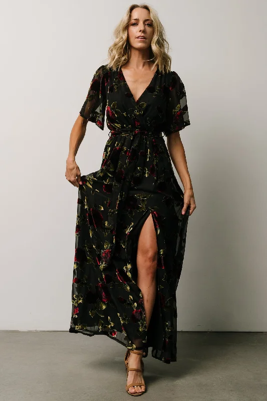 Parisian Velvet Maxi Dress | Black Rose Floral