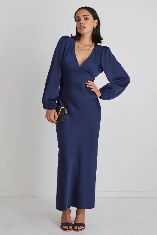 Phoenix Navy Satin Balloon Sleeve Bias Midi Dress