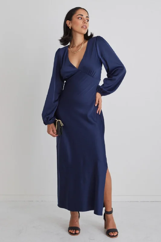 Phoenix Navy Satin Balloon Sleeve Bias Midi Dress