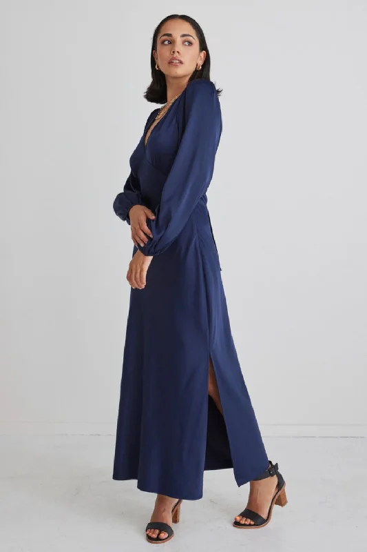 Phoenix Navy Satin Balloon Sleeve Bias Midi Dress