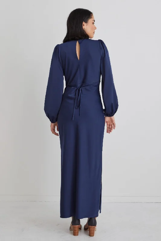 Phoenix Navy Satin Balloon Sleeve Bias Midi Dress