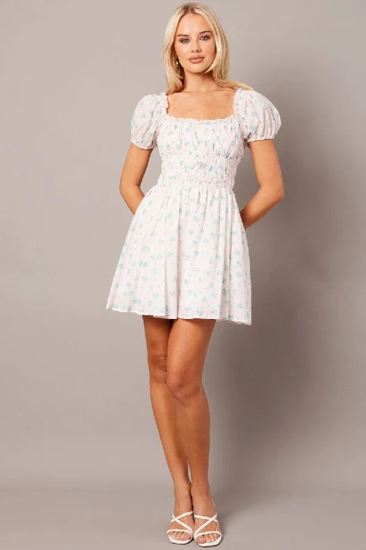 Pink Ditsy Fit And Flare Dress Puff Sleeve