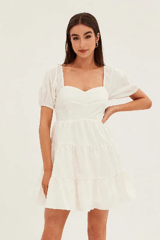 White Fit And Flare Dress Mini Sweetheart Poplin