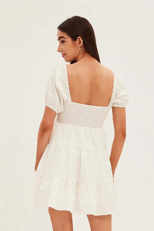 White Fit And Flare Dress Mini Sweetheart Poplin