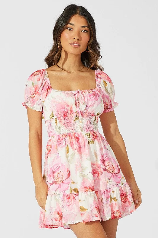 Pink Floral Fit and Flare Dress Short Sleeve Ruched Bust