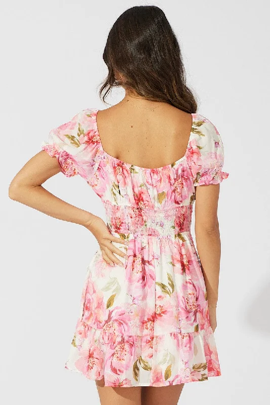 Pink Floral Fit and Flare Dress Short Sleeve Ruched Bust