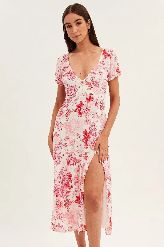 Pink Floral Midi Dress Short Sleeve Sweet Heart Neck