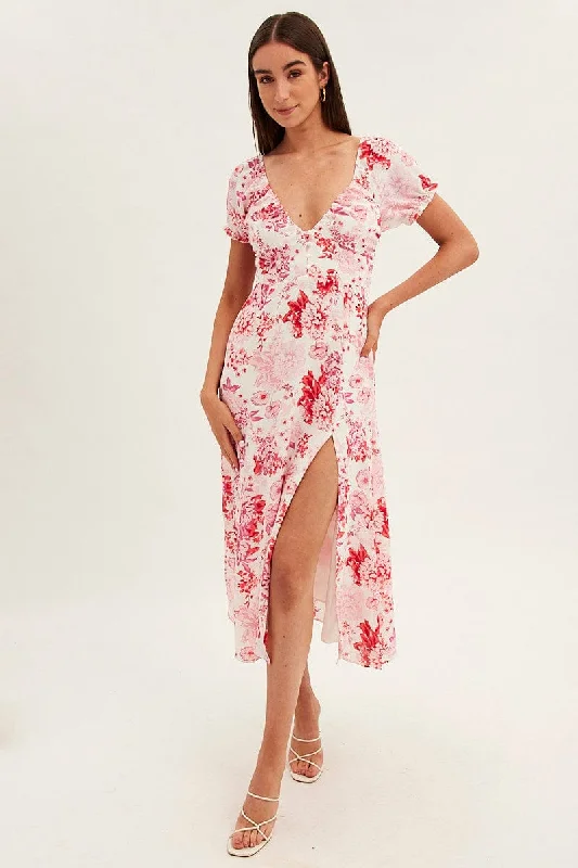 Pink Floral Midi Dress Short Sleeve Sweet Heart Neck