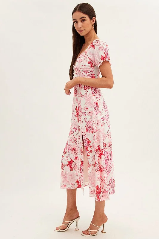 Pink Floral Midi Dress Short Sleeve Sweet Heart Neck