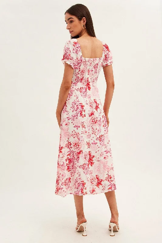 Pink Floral Midi Dress Short Sleeve Sweet Heart Neck