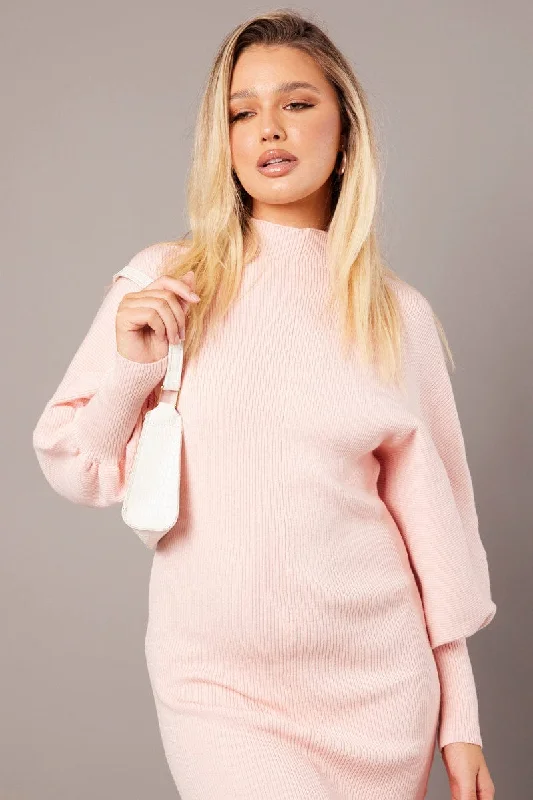 Pink Knit Dress Long Sleeve Mini