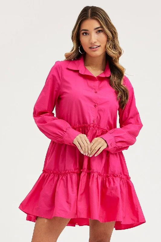 Pink Shirt Dress Long Sleeve Mini