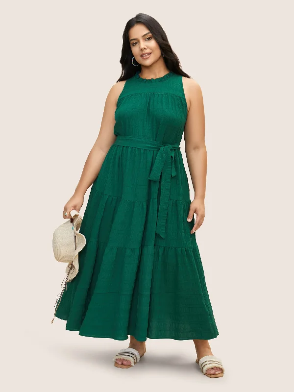 Plain Textured A-line Frill Trim Dress