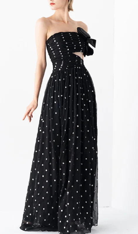 POLKA DOT BANDEAU DRESS IN BLACK