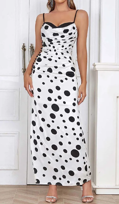 POLKA DOT PRINT RUCHED MERMAID MAXI DRESS