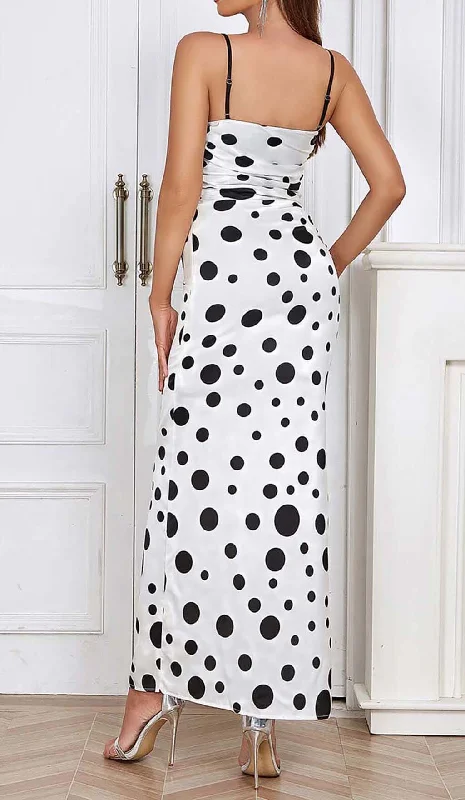 POLKA DOT PRINT RUCHED MERMAID MAXI DRESS