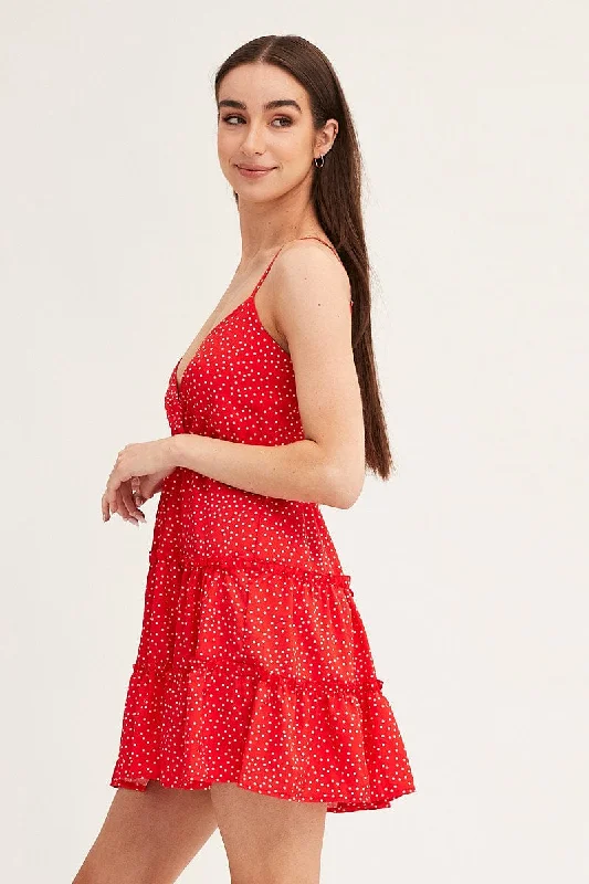 Polka Dot Skater Dress Mini V Neck Sleeveless